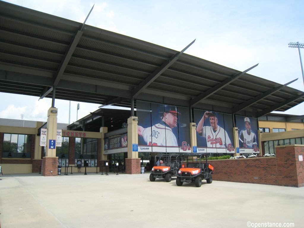 The building looks more like a place to buy an RV or ATV than it does a ballpark.